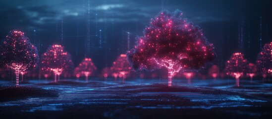 Wall Mural - Glowing digital trees in a futuristic landscape.
