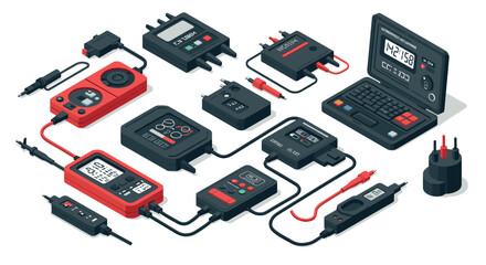 Retro tech gadgets and devices in isometric style with cables and connectors