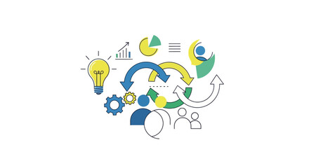 Illustration depicting business concepts, teamwork, and process flow with various icons.