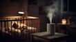 © Denis - Relaxing scene of a humidifier softly emitting steam in a nursery while a baby sleeps peacefully in a crib during the night hours