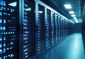 Wall Mural - Futuristic data center corridor with glowing blue server racks symbolizing advanced IT infrastructure, cloud computing, and digital storage systems for enterprise and AI technology solutions