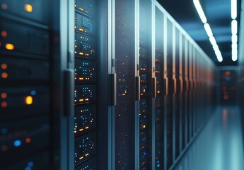 Wall Mural - Close-up view of glowing blue and orange server racks in a modern data center corridor representing digital infrastructure, cloud computing, and high-performance IT network systems