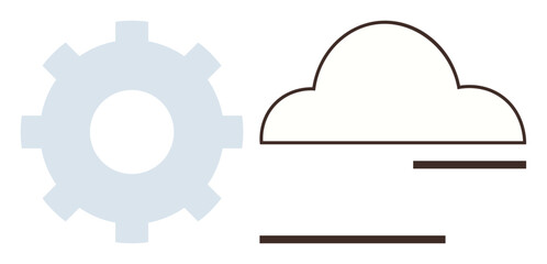Gear beside cloud with minimalist lines suggesting connection and interaction. Ideal for technology, cloud computing, IT infrastructure, software development, innovation, automation, and networking
