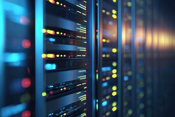 Wall Mural - Close-up of glowing multicolored server racks in a futuristic data center representing advanced digital infrastructure, cloud computing, and enterprise IT network technology