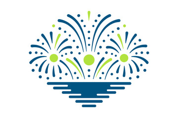 Festive blue and green fireworks exploding above the reflective water surface