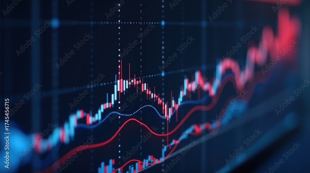 Close up of a stock market trading chart with red and blue lines on a ...