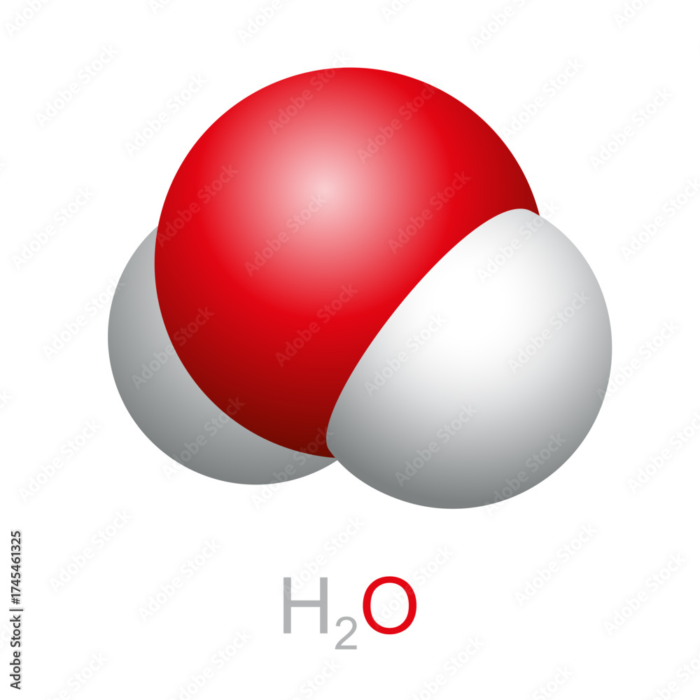 Water molecule, space filling model and chemical formula H2O. Inorganic ...