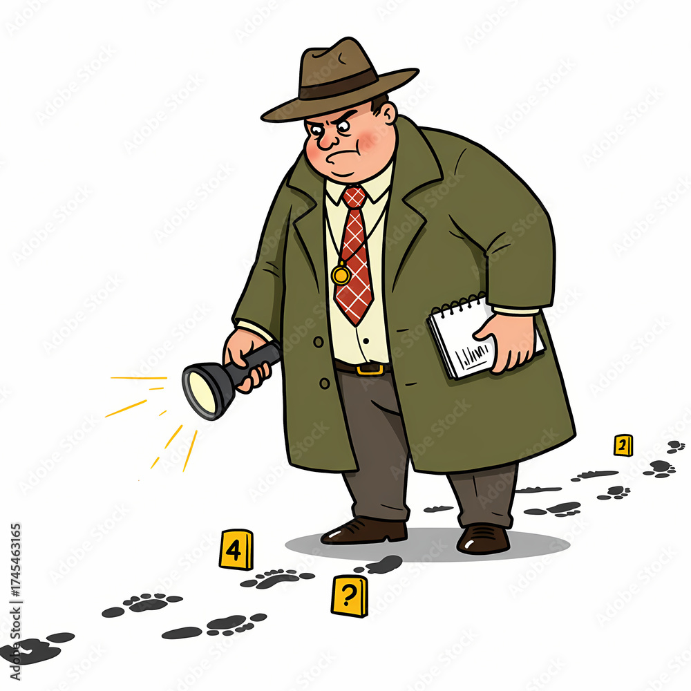 Cartoon Private Investigator Examining Clues at a Crime Scene Stock ...