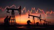 © Jiraporn - Oil pumps silhouetted at sunset with financial data charts concept. Silhouettes of oil pumps at sunset with a stock market graph overlay.