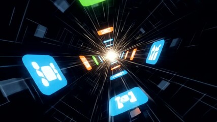 Wall Mural - Abstract digital tunnel with glowing icons and bright light at the center