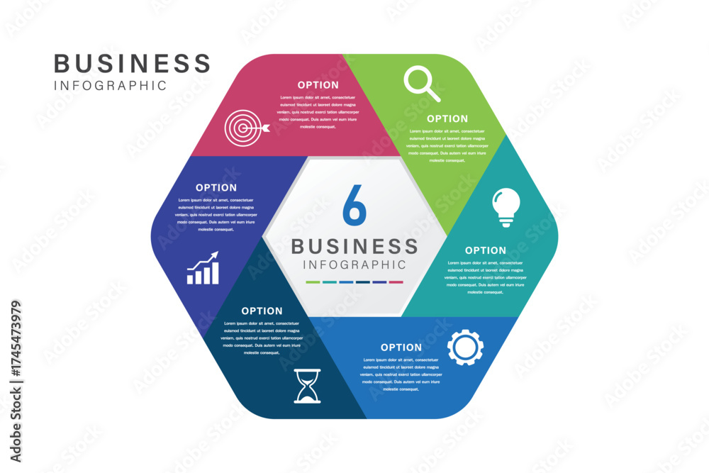 Hexagonal Business Infographic with 6 Colorful Options and Icons Stock ...