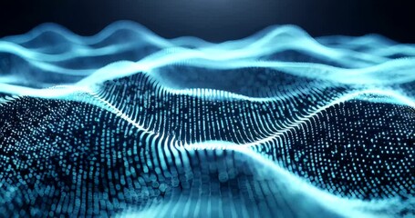 Wall Mural - Abstract digital waves with glowing particles flowing in a dark background