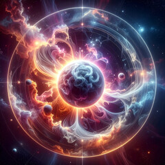 Wall Mural - Vibrant Cosmic Energy Sphere with Glowing Planet