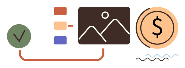 Task approval symbol, image element, financial icon, and color palette interconnected by lines. Ideal for business process, project management, finance, marketing, task completion content creation