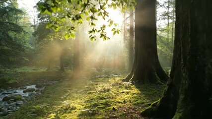 Wall Mural - slow drone descent into a misty forest, sunbeams glittering through ancient trees and morning dew an