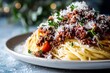 © Markus Schröder - Macro view photography of an hearty spaghetti bolognese on a marble slab over painted gypsum board background