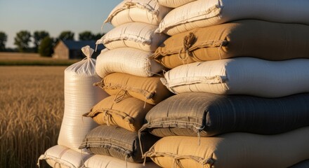 Wall Mural - Medium shot of a diverse stack of grain bags on a farm featuring varied materials for temporary storage with clear natural background and a close look at textures.