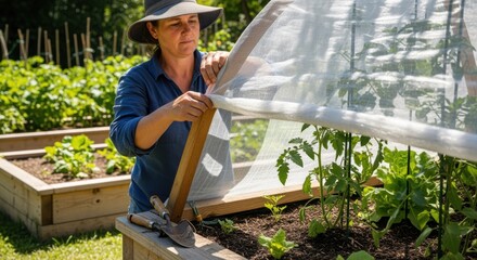 Wall Mural - Medium shot of a gardener attaching a partial shade cloth over a vegetable bed to protect plants from midday sun while allowing filtered light for growth.