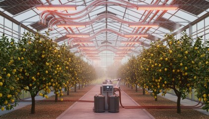 Wall Mural - Medium shot of lush lemon trees under innovative heating setups in greenhouse emphasizing yearround cultivation through sustainable energy use
