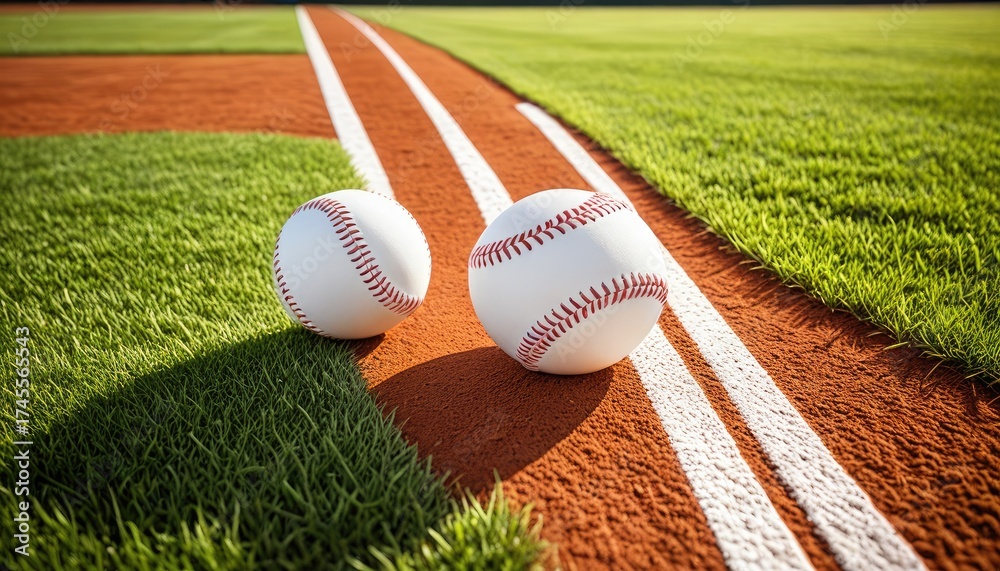Baseball field with two baseballs, grass, and a clay infield, close-up ...