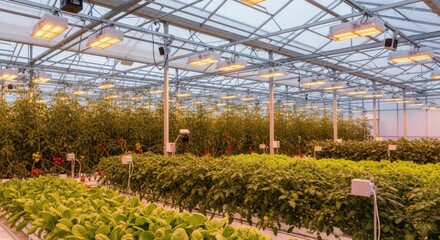 Wall Mural - Automated light adjusters in a smart greenhouse dynamically control artificial and natural light exposure enhancing photosynthesis for healthy crops.