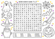 © Artimarti - Halloween word search puzzle game with line drawings worksheet. Fun activity for learning English vocabulary. Educational game for children and adults. Halloween line art drawing elements, doodles
