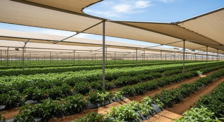 Wall Mural - Medium shot capturing shading structures over paddocks highlighting fabric canopies shielding plants from intense sunlight