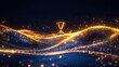 © Yuliia - Golden trophy floating above glowing light waves with sparkles and magical particles on dark blue background, abstract achievement concept.
