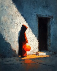 Wall Mural - Shadowy Figure Holding Lantern in Moody Oil Painting