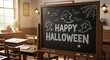 © MONIRANI - Happy halloween message written on a chalkboard in a classroom setting
