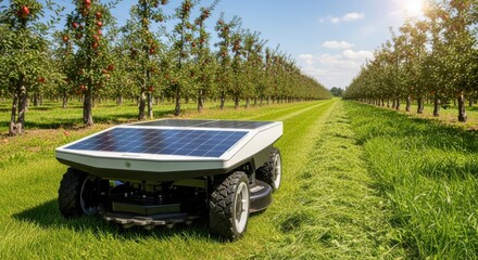 Wall Mural - Solarpowered mower cutting grass in an orchard showcasing sustainable maintenance tools powered by clean energy under bright daylight.