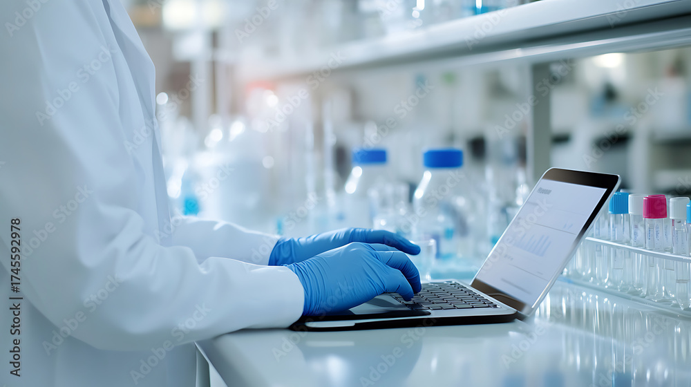 Research In Science Scientist analyzing data on laptop in lab. Research professional uses ...