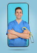 © New Africa - Online doctor. Healthcare worker with stethoscope in big mobile phone against light blue background