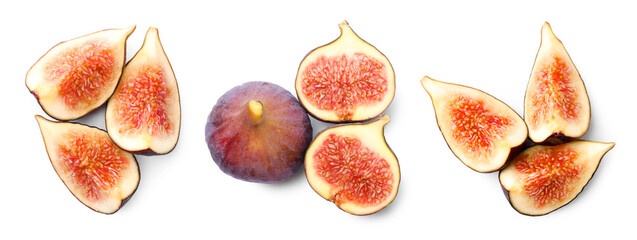 Wall Mural - Fresh sweet figs isolated on white, set. Whole and sliced