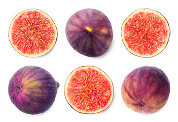 Wall Mural - Fresh sweet figs isolated on white, set. Whole and halves