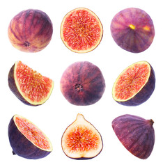 Wall Mural - Fresh sweet figs isolated on white, set. Whole and sliced