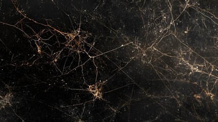 Intricate golden spiderwebs create a delicate pattern on a dark background.