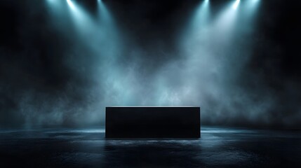 Wall Mural - A dark atmospheric stage with a black podium illuminated by dramatic spotlights and fog