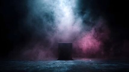 Canvas Print - A dark podium stands centered on a textured floor enveloped in atmospheric blue and pink smoke under dramatic lighting