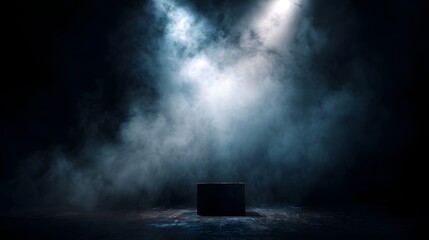 Canvas Print - A dark smoky stage is illuminated by a dramatic spotlight highlighting a mysterious pedestal