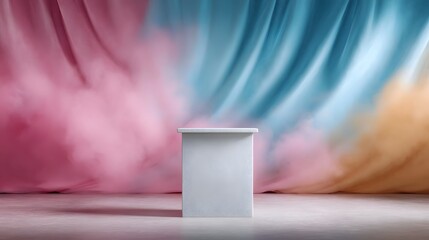 Wall Mural - A white podium stands centered against a vibrant backdrop of draped fabric and swirling colorful smoke in pink blue and orange