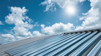 Solar panel array on rooftop with bright sunlight against cloudy blue sky