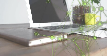 Wall Mural - Upon loading network overlay expanding across laptop and workspace objects, visualizing data flow