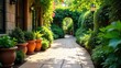 © Wonder Gallery - Sunlit Stone Path Meandering Through a Lush, Verdant Garden with Terracotta Pots