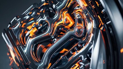 Wall Mural - Close-up of futuristic metallic circuitry with glowing orange accents, captured at an angled perspective, ideal for a tech-themed video backdrop.