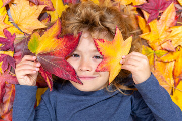 Wall Mural - Autumn kid portrait in fall leaf park. Cute child face in autumn outdoors with cute kids face. Kid enjoying autumn day with yellow maple and oak leaves. Autumn season for kids fun.
