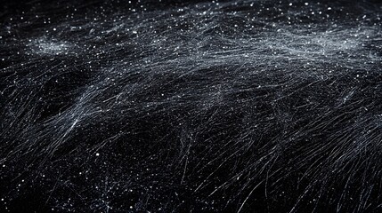 Fine white fibers and particles scattered on a dark surface.