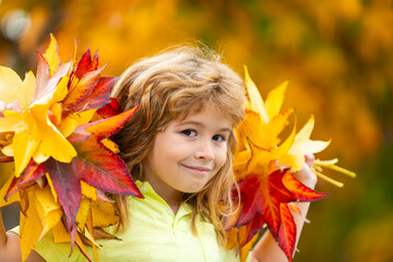Wall Mural - Autumn Baby Portrait In Fall Yellow Leaves, Little Child In Woolen Hat, Beautiful Kid in Park Outdoor, Knitted Clothing for October Season.