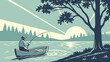 © SyedaAroosha - Serene lake scene with fisherman casting a line from a boat under a tree in a retro style, perfect for relaxation ads or outdoor recreation promotion
