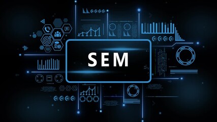 Digital marketing S E M strategy analytics dashboard with glowing charts and data visualizations for business growth and online advertising campaigns. 4k background animated.
